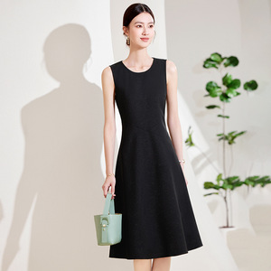 Sleeveless Vest Dress O-Neck Solid Color Apricot Pink Black Polyester Natural Waistline Simple Style Evening Dress - Product Image 3