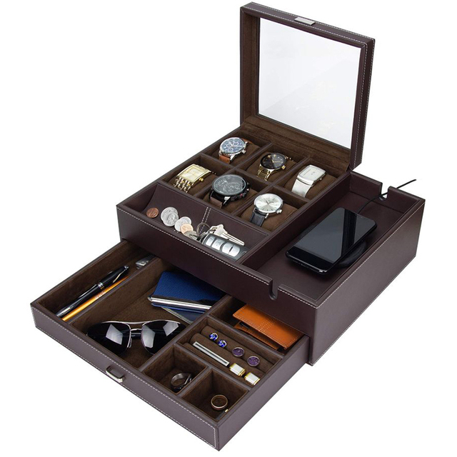 Watch Box 12 Mens Watch Organizer Jewelry Display Case with Lock and Keys Black