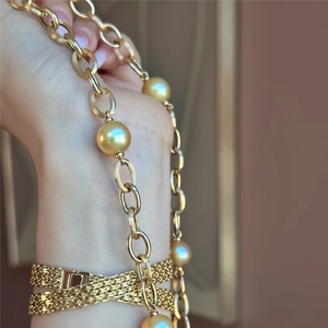 Xinfly - Juego de Joyería de Oro Puro de 18K para Mujer, Regalo de Aniversario de Marca de Lujo, Collar y Pulsera con Colgante de Perlas Barrocas Vintage - Product Image 3