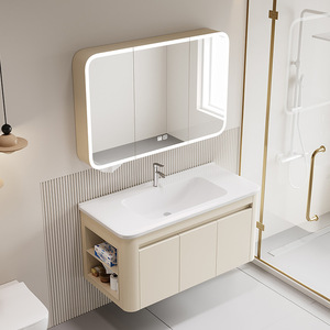 Meuble-lavabo mural moderne avec vasque en céramique, miroir intelligent, tiroirs double couche, design écologique pour villa - Product Image 1