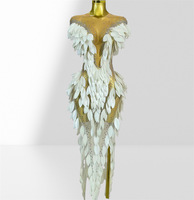 Robe longue sexy transparente à plumes et strass, épaules dénudées, idéale pour les fêtes d'anniversaire, les mariages, robes de soirée pour femmes