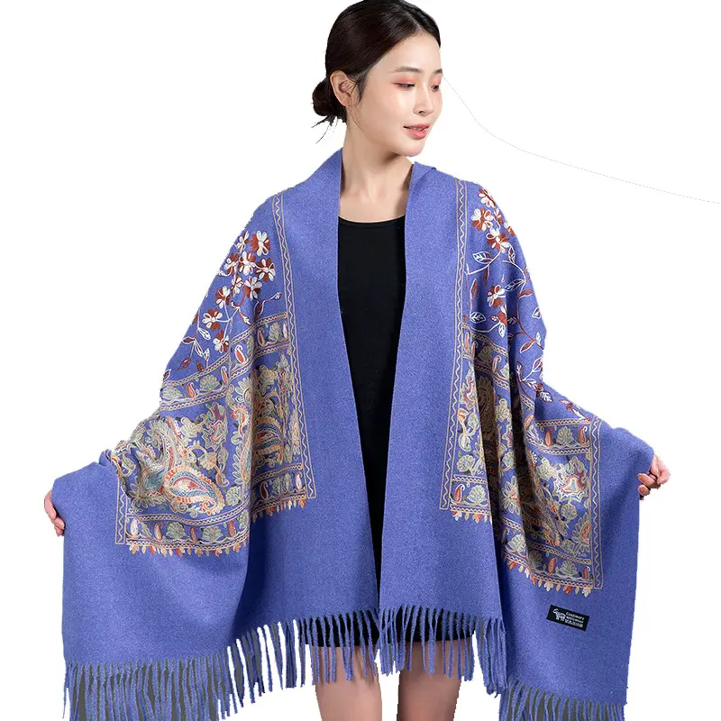 Lenço de caxemira bordado xale longo borla pashmina com cachecóis quentes de inverno bordados à mão caxemira