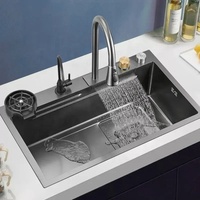 Robinet de cuisine moderne noir en acier inoxydable 304 brossé, multifonction, cascade et pluie, pour évier simple