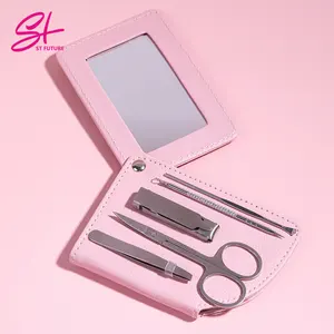 Trên Bán 5Pcs Làm Móng Tay Móng Chân Thiết Lập Với Gương Thép Không Gỉ Nail Clipper Set Công Cụ Cutter Làm Móng Tay Kit Với PU Trường Hợp