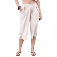 Pantalon Capri Décontracté d'Été pour Femme, Personnalisé en Usine, Tissu Coton-Lin Confortable et Respirant, Taille Élastique avec Bouton