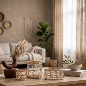 Juego de 3 Macetas de Vidrio Envueltas en Ratán, Macetas de Metal con Diseño Zen Asiático, Decoración de Mesa para Interiores del Hogar - Product Image 2