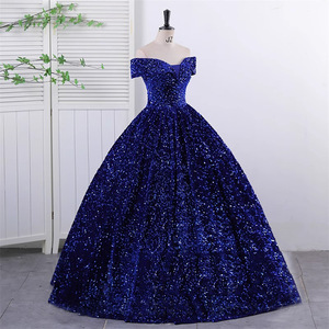 Off The Shoulder Sequined Ball Gown Evening Dress Navy Blue Empire Waistline Long Formal Dress For Stage Performance Art Exam - Product Image 2