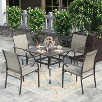 Ensemble de table et chaises de patio AJUNION 5 pièces, table carrée en métal et chaises en textile avec trou pour parasol
