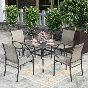 Ensemble de table et chaises de patio AJUNION 5 pièces, table carrée en métal et chaises en textile avec trou pour parasol - Product Image 1