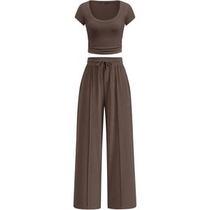 Conjunto de 2 Piezas para Mujer FOXA, Verano, Top Corto de Manga Corta, Pantalones Anchos, Tela Acanalada, Transpirable, Estilo Casual - Product Image 1