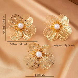 Wholesale <b>Jewelry</b> <b>Set</b> Hollow Mesh Flower Earrings Sweet Exaggerated <b>Pearl</b> Ring Earrings - Product Image 6