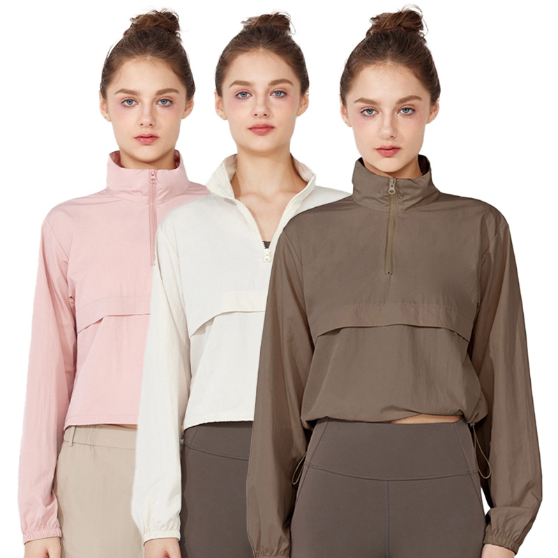 Yc261 Standing Collar Half-zip Sports Fashion Windbreaker Women Loose Fit Slimming Yoga Top Running Fitness Long Sleeve