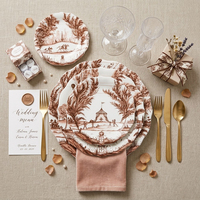 Maßgefertigtes Vintage Braunes Landschafts-Keramik-Tellerset Französischer Toile De Jouy Stil Porzellangeschirr Hochzeit Hotel Tischdekoration