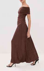 女性用マキシ丈ワンピース オフショルダー フォーマル ニット エレガント ボディコン プロム服 プリーツシフォンスカート 無地 - Product Image 2