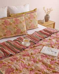 Pink Mustard Floral Cotton Quilt Sage <b>Green</b> Border Reversible Handmade Indian <b>Bedspread</b> Boho Botanical Bedding - Product Image 2