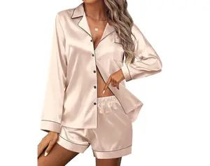 Lụa Đồ Ngủ Womens Dài Tay Áo Ngủ Mềm Lụa Nút Xuống Loungewear 2 Mảnh Pjs Quần Short Thiết Lập