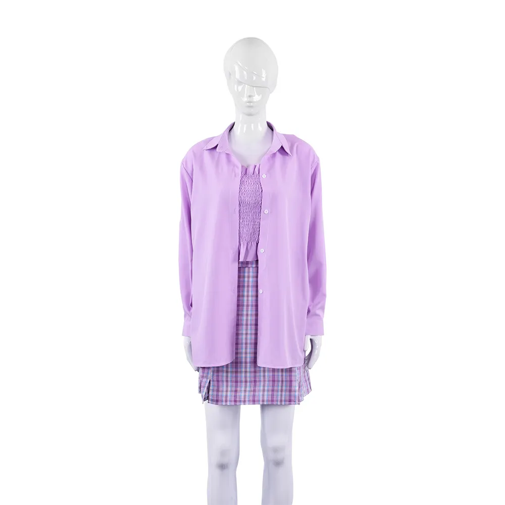 Casual Ruched Top Mini Plaid Skirt Purple 3 Piece Set Women Clothing Women Elegant Skirt Suits With Long Sleeve Shirt