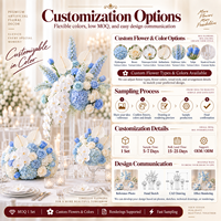 Arrangement floral en soie bleu et blanc fait main, réaliste, avec delphinium, anthurium, phalaenopsis, vase en verre et support en acrylique, centre de table de mariage