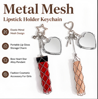 Porte-clés en maille métallique pour tube de rouge à lèvres, avec fermoir nœud, étoile, cœur, étui cosmétique portable, mini miroir, pendentif, breloque pour sac à main femme