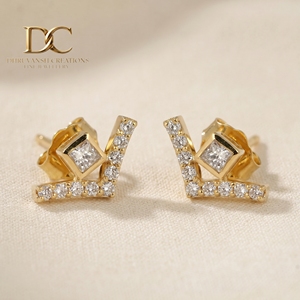 Luxury 14KT Solid Gold Stud <b>Earrings</b> with <b>Square</b> and Round Brilliant Cut Lab Grown <b>Diamond</b> IGI Certified Jewelry for Women's - Product Image 1