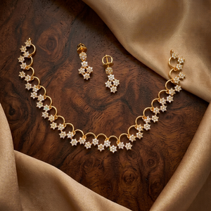 Elegant Matte Gold CZ Crystal Star Flower Chain Necklace <b>Set</b> Small Drop Earrings Ruby Pink Stone Minimalist Indian Jewelry - Product Image 1