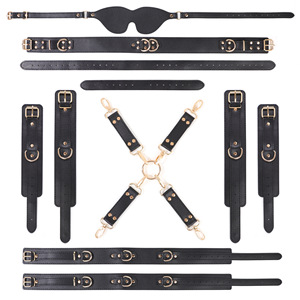 Ensemble de bondage BDSM 8 pièces en cuir noir avec menottes, masque et ceinture pour jeux de rôle adultes unisexes - Product Image 2