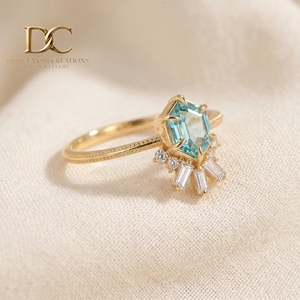 Bague élégante en or jaune massif 14 carats avec diamant de laboratoire et tourmaline Paraiba de laboratoire, bijoux pour femmes certifiés IGI - Product Image 2