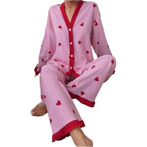 Ensemble de pyjama personnalisé pour femme à rayures et imprimé cœur, manches longues, vêtements de nuit doux, chemise boutonnée à col en V et pantalon, tenue décontractée - Product Image 2
