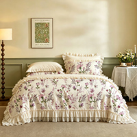 Parure de lit en coton 100% à volants violet lavande, style romantique français, motif floral moyen lavande et mauve, collection Princesse