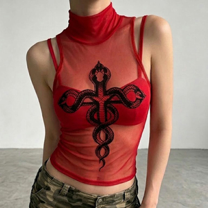 Conjunto de Dos Piezas para Mujer, Top Sexy sin Mangas con Cuello Alto y Estampado de Serpiente en Malla, Estilo Dark Girl - Product Image 3