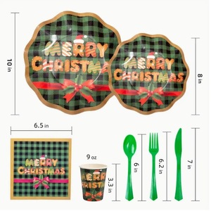 DAMAI Christmas Party Tableware Set Serves 24 Party Supplies Disposable Plates Cups Forks Spoons Knife Napkins - Product Image 4