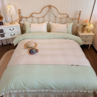 Parure de lit quatre pièces style coréen en coton brodé de dentelle, motif floral vert clair, jupe de lit, housse de couette, drap et taie d'oreiller, toutes saisons