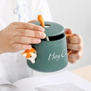 420ML Phim Hoạt Hình Dễ Thương 3D Động Vật Corgi Gốm Mug Cặp Đôi Nam Nữ Sáng Tạo Với Nắp Muỗng Uống Nước Cốc Cà Phê