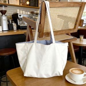 <b>Large</b> Capacity Striped Tote Reversible Double Sided Shoulder Embroidered Canvas for Women Daily Shopping <b>Bag</b> - Product Image 1