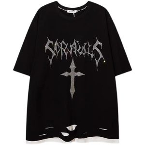 Camiseta <span class=keywords><strong>de</strong></span> Cuello Redondo 100% Algodón <span class=keywords><strong>de</strong></span> 230g, con Estampado <span class=keywords><strong>de</strong></span> Cruz <span class=keywords><strong>de</strong></span> Diamantes <span class=keywords><strong>de</strong></span> Imitación y Letras Metálicas, Estilo Urbano Oversize Desgastado y Atrevido, para Uso Casual - Product Image 1