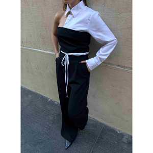 ชุดเสื้อเชิ้ตสีดำสำหรับผู้หญิง ทรงเข้ารูป คอปกสีขาว แขนยาว พร้อมกางเกงขายาวทรงกว้าง ชุดแฟชั่น - Product Image 1