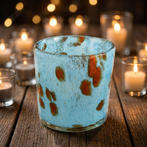 Porte-bougie cylindrique en verre bleu moucheté, 4 pouces de diamètre x 4,5 pouces de hauteur, réutilisable, résistant à la chaleur, décoration pour la maison - Product Image 4