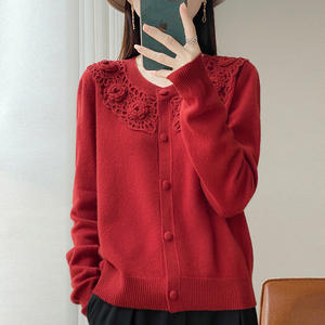 Cárdigan de lana de un solo pecho con cuello redondo de ganchillo de lana mercerizada 100% para <span class=keywords><strong>mujer</strong></span> - Product Image 2