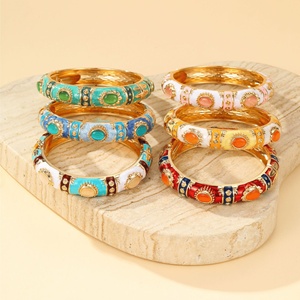 Wholesale Inlaid Cloisonne Enamel Alloy Wide Bangle Gold Plated Color Block Geometric Spring Hinged Bracelet Women Chinese - Product Image 1