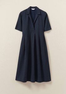 Robe chemise à manches courtes rayée bleu marine pour femme avec col à revers cranté, taille cintrée et silhouette évasée en A - Product Image 2