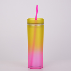แก้วน้ำสีรุ้งไล่เฉดสีแบบใหม่ แก้วพลาสติกสองชั้นทรงตรง พร้อมหลอดสี - Product Image 5