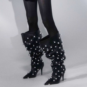 Women Metal Studs Denim <b>Shoes</b> High Heels Pointed Toe Stiletto Knee High Boots Top Wide Pleated Upper Long Booties - Product Image 1