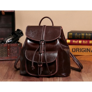 Oil Wax Cowhide Pocket <b>Backpack</b> with Closure Cover Korean Style Leather Large Bag - Product Image 5