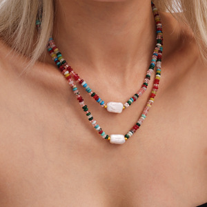 Nuevo Collar Bohemio Hecho a Mano con Cuentas de <span class=keywords><strong>Ábaco</strong></span>, Piedra Natural Colorida, Colgante de Perla Barroca, Collar de Acero Inoxidable - Product Image 1