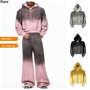 Conjuntos de Sudadera con Capucha y Pantalones Anchos para Hombre, Venta al por Mayor 2026, Transpirables, Tejidos, con Lavado Vintage y Degradado de Diamantes de Imitación, para Otoño - Product Image 1