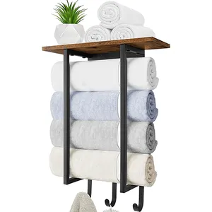浴室壁挂毛巾架，带木质搁板的毛巾架和3个毛巾挂钩，毛巾储物