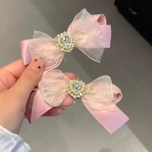 Pinza para el cabello estilo francés con cinta y malla, estilo dulce de princesa, pinza para el cabello con forma de corazón y diamantes de imitación, lazo para el cabello para mujer - Product Image 3