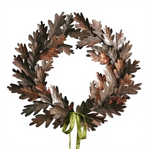 Couronne rustique artisanale en métal feuille de chêne, ronde, décorative, fleurs naturelles, non éclairée, emballage monopièce - Product Image 1