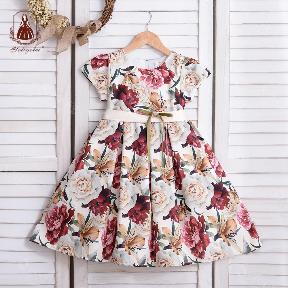 Cheap Wholesale Medium Size Short Sleeve Children Kids Clothes Dress Printing Floral Girls' Casual Dresses