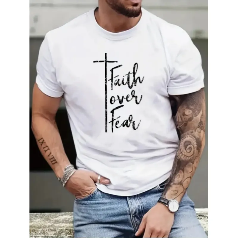 Heren "Geloof Over Angst" T-Shirt T-Shirt Top Korte Mouwen Ronde Hals Zomer Casual Heren Kleding Grafische Witte T-Shirts